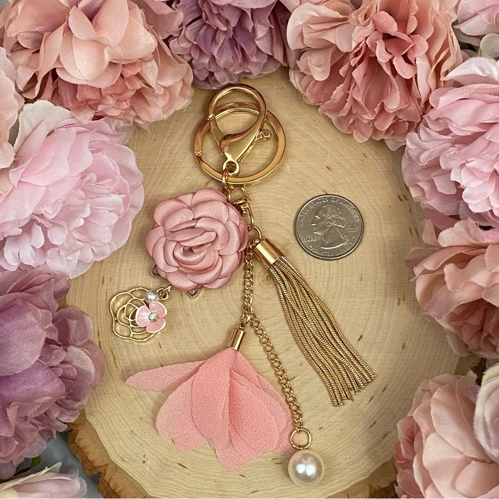 Pink Flower Gold Fringe Pearl Keychain Charm - Picture 12 of 13